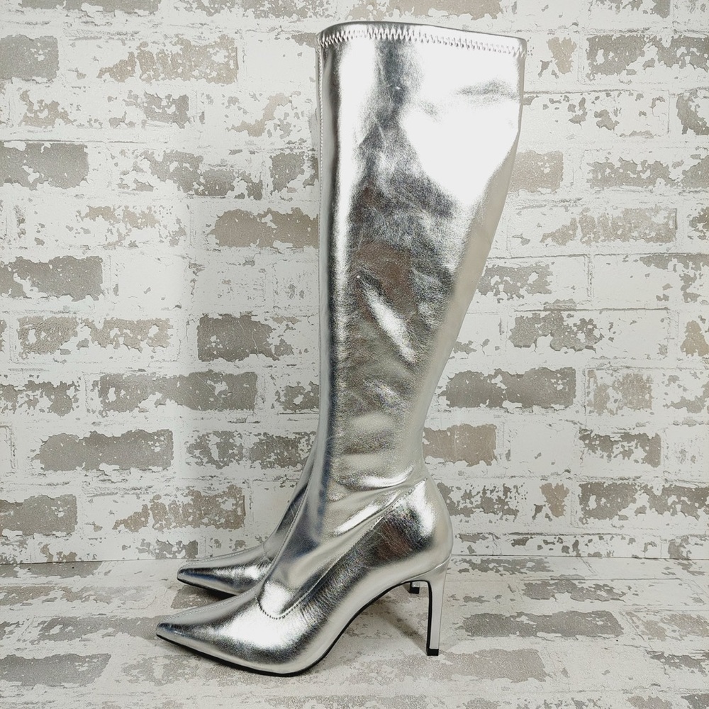 NEW OPEN EDIT Viv Pointy Toe Silver Tall Knee High Boots D732